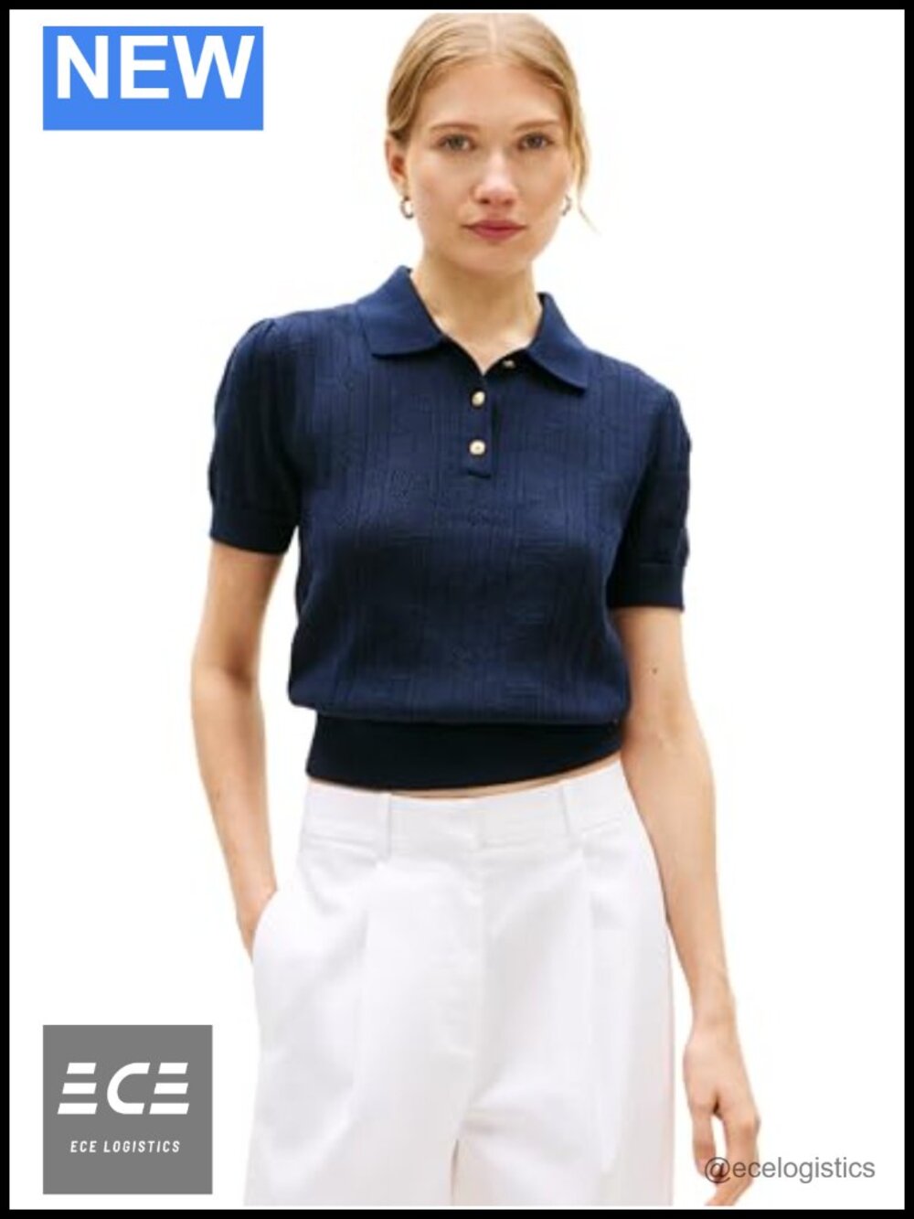 Cotton Pointelle Polo Sweater Cropped Puff Sleeve